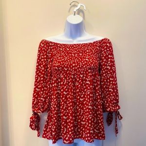 Red floral off the shoulder blouse